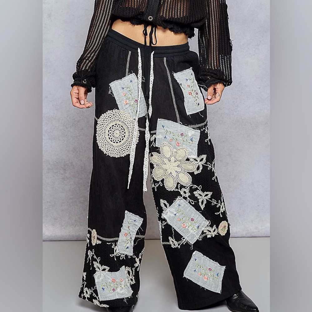 Nwot Pol Black Patchwork Wide-Leg Pants - image 1